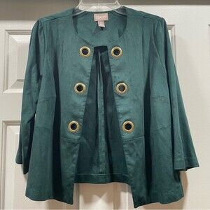 Chico’s Green Faux Suede Grommet Open Front Blazer Jacket Size 0 (Small/4)